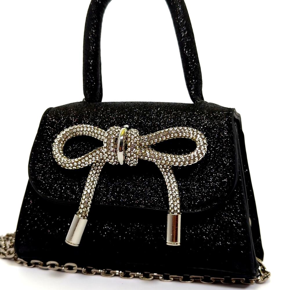 Windsor Mini Glitter Bow Purse | OS | Black Rhinestone Chain